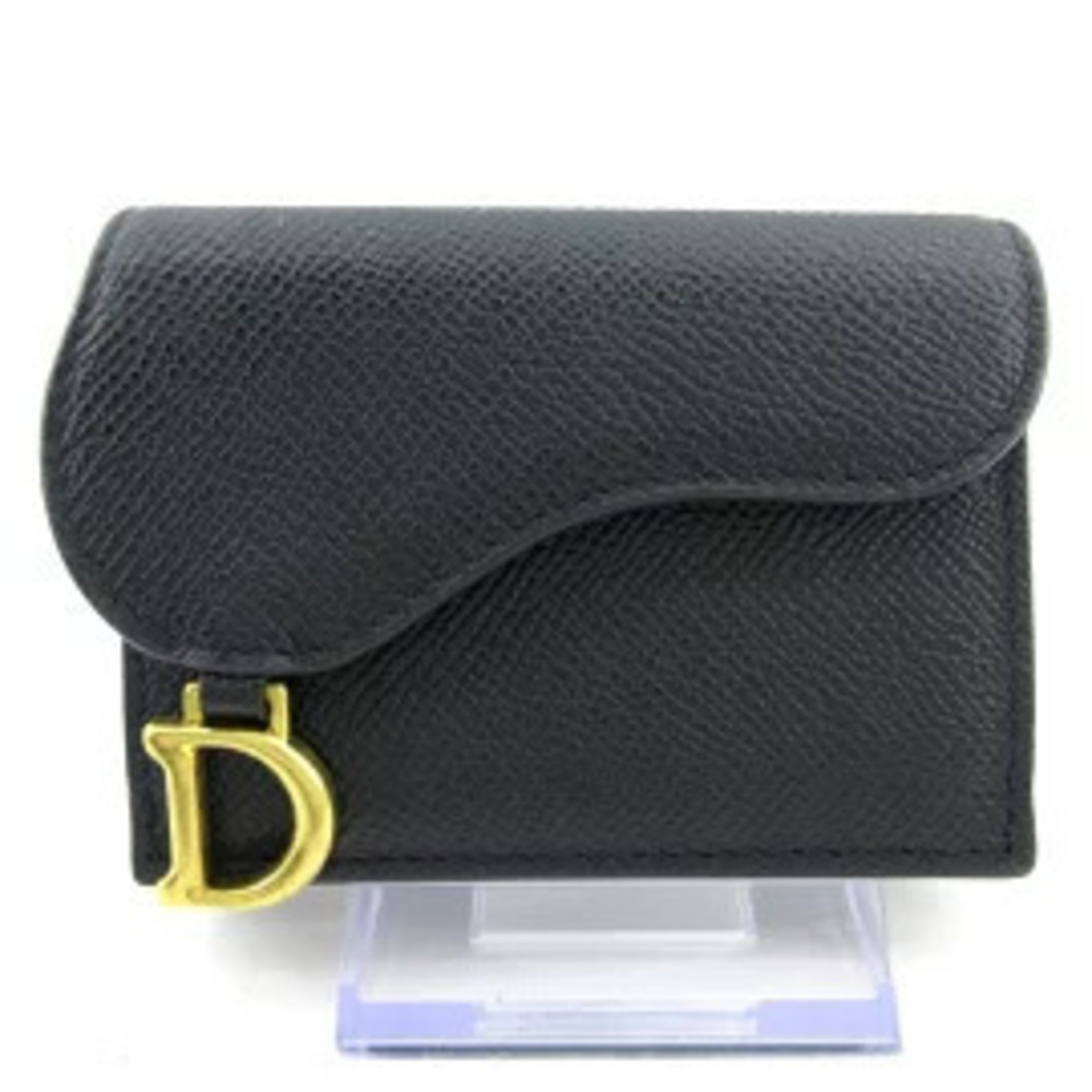 Christian Dior Saddle Lotus Wallet Tri fold Black x Gold Leather